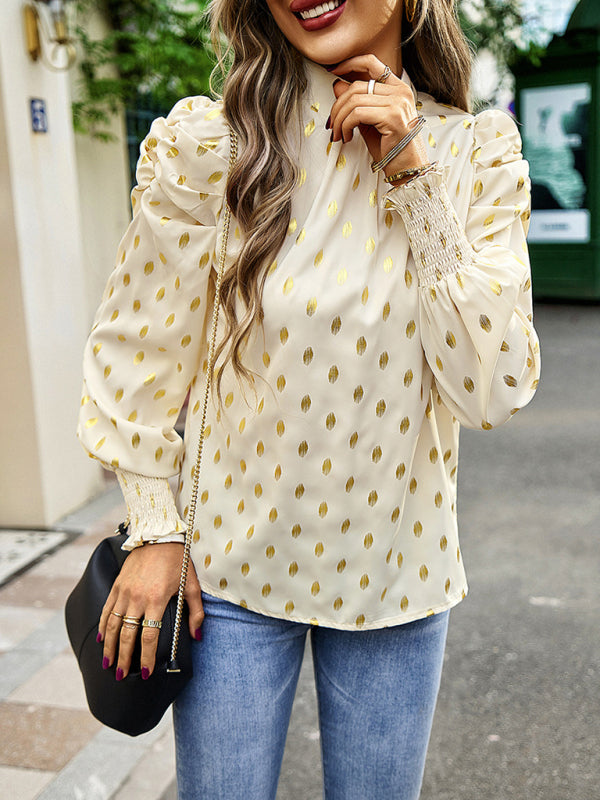 Blue Zone Planet | Gold Dot Print Temperament commuting round neck long-sleeved blouse BLUE ZONE PLANET
