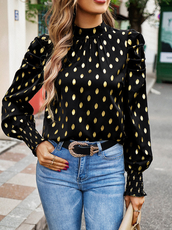 Blue Zone Planet | Gold Dot Print Temperament commuting round neck long-sleeved blouse BLUE ZONE PLANET
