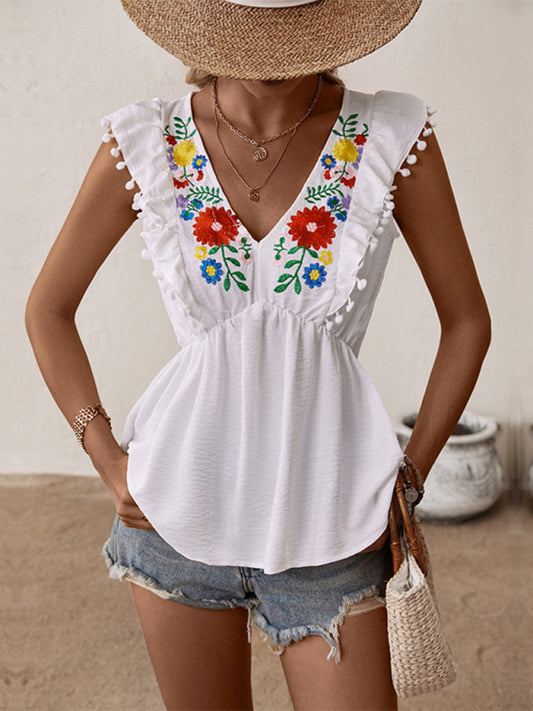 Sleeveless Embroidered White Shirt BLUE ZONE PLANET