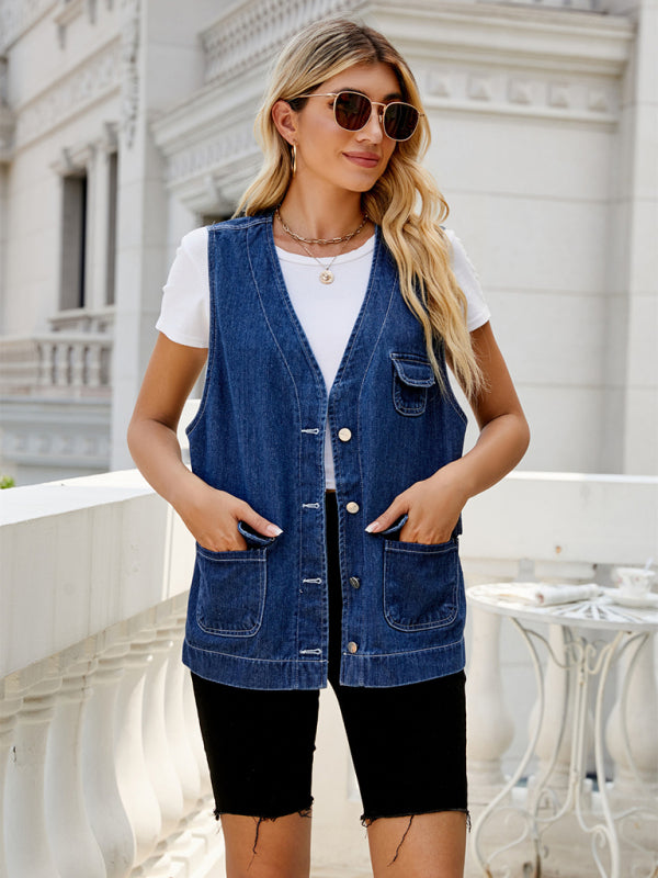 Blue Zone Planet | Denim Vest Multi-Pocket Personality Washable Vest for Women BLUE ZONE PLANET