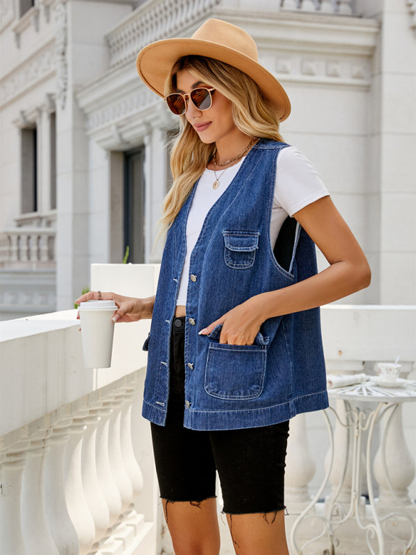 Blue Zone Planet | Denim Vest Multi-Pocket Personality Washable Vest for Women BLUE ZONE PLANET