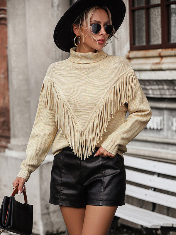 Loose Fringed Sweater Knit Turtleneck Sweater BLUE ZONE PLANET