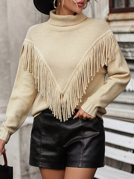 Loose Fringed Sweater Knit Turtleneck Sweater BLUE ZONE PLANET