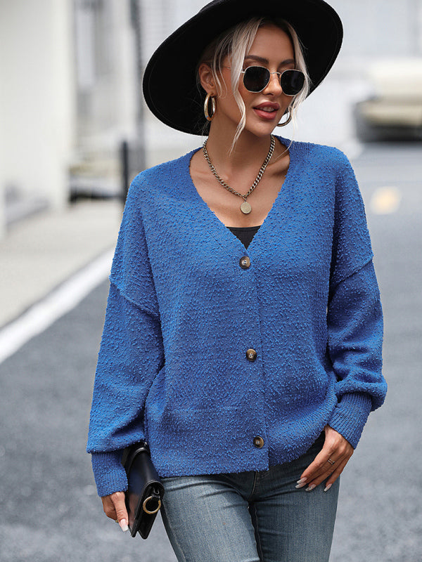 Blue Zone Planet | V-neck button solid color knitted cardigan coat sweater BLUE ZONE PLANET