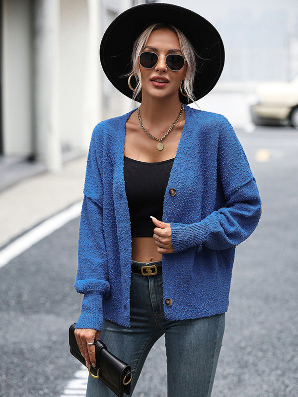 Blue Zone Planet | V-neck button solid color knitted cardigan coat sweater BLUE ZONE PLANET
