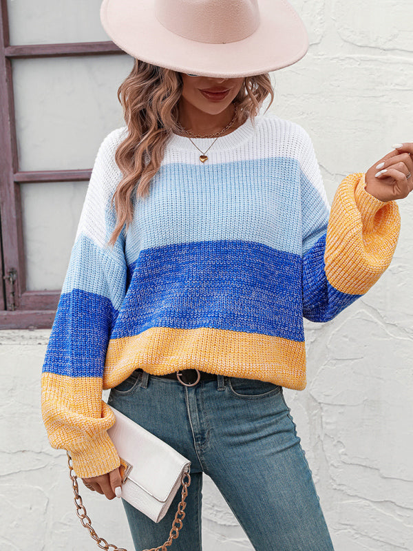 Blue Zone Planet |  Color Block Crew Neck Knit Sweater BLUE ZONE PLANET