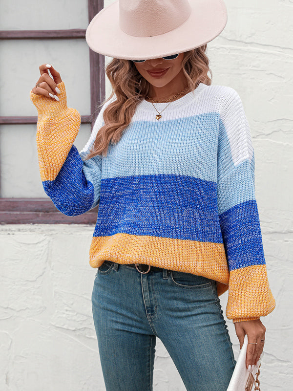 Blue Zone Planet |  Color Block Crew Neck Knit Sweater BLUE ZONE PLANET