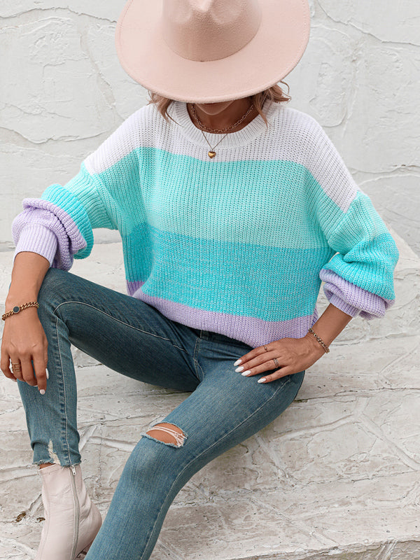 Blue Zone Planet |  Color Block Crew Neck Knit Sweater BLUE ZONE PLANET