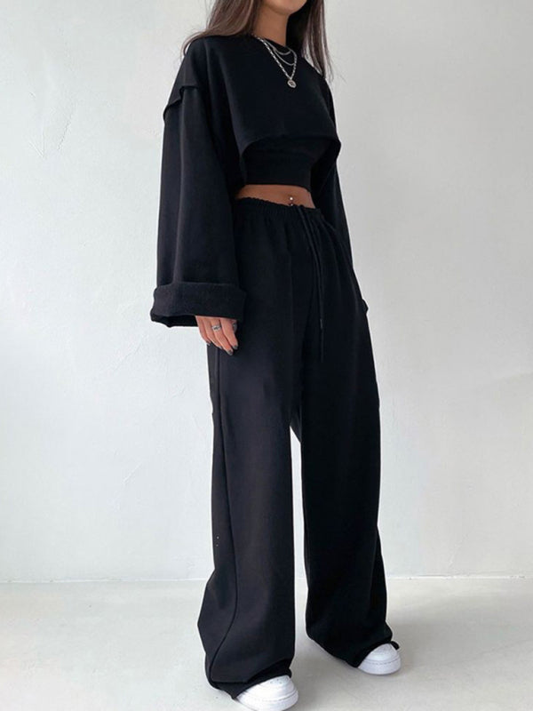 Fashion pullover long-sleeved navel sweater + suspender straight-leg wide-leg pants three-piece set kakaclo