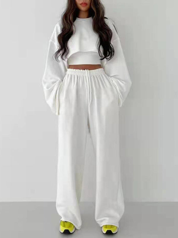 Fashion pullover long-sleeved navel sweater + suspender straight-leg wide-leg pants three-piece set kakaclo