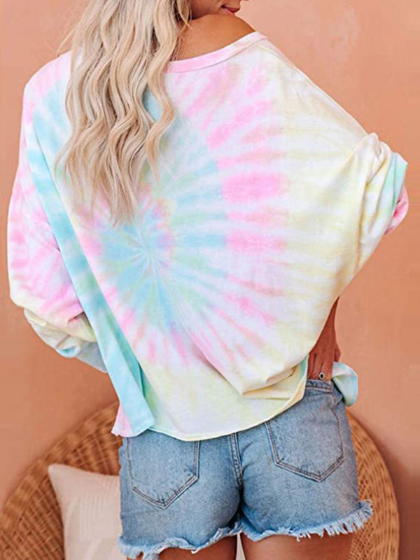 Gradient Printed Long Sleeve Round Neck Casual T-Shirt kakaclo