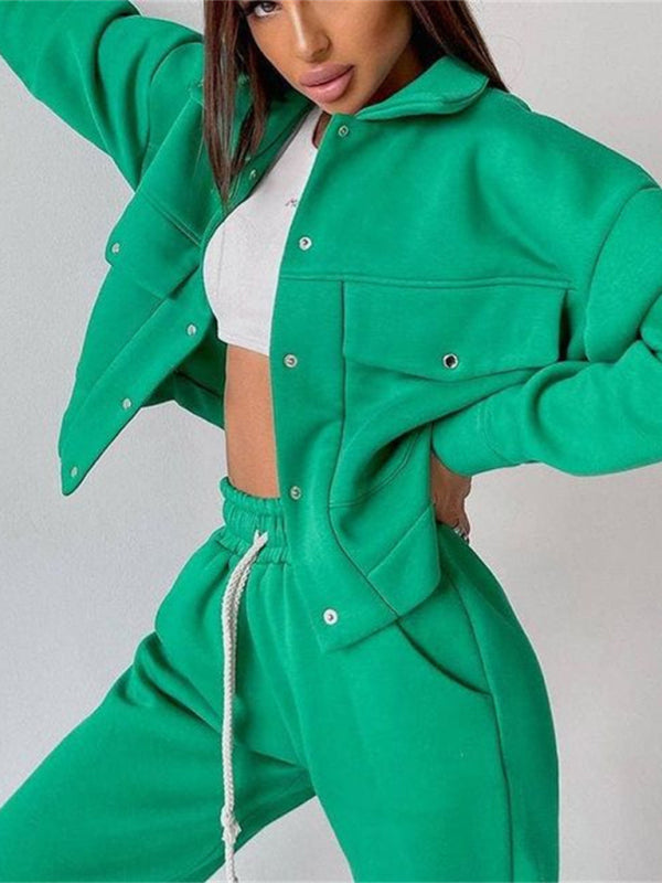 Solid color women's jacket jacket casual trousers suit long-sleeved jacket sweater two-piece suit kakaclo