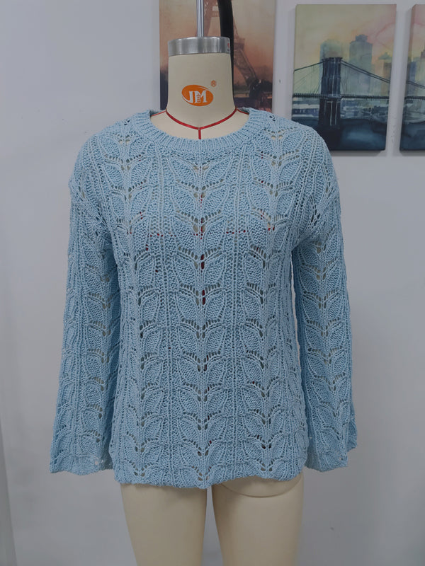 Trumpet sleeve hollow pullover round neck loose sweater women BLUE ZONE PLANET
