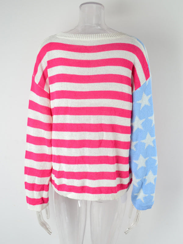 Layla's Loose Striped Knit Long Sleeve Color Block Crew Neck Sweater BLUE ZONE PLANET
