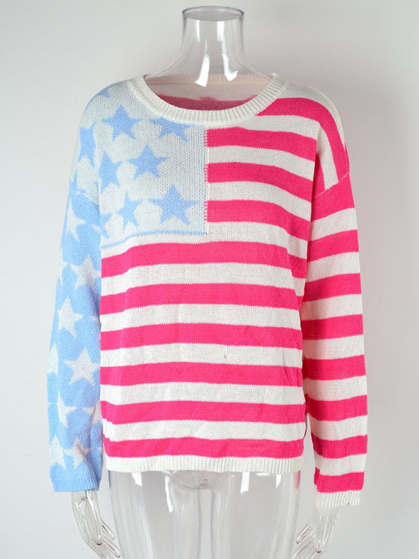 Layla's Loose Striped Knit Long Sleeve Color Block Crew Neck Sweater BLUE ZONE PLANET