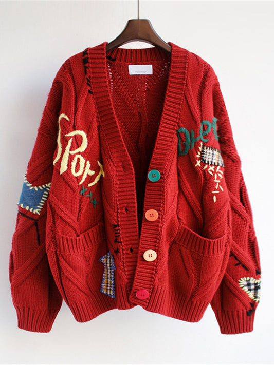 Cute Embroidered Loose Cropped Knit Cardigan with Patch Pockets-[Adult]-[Female]-Red-F-2022 Online Blue Zone Planet