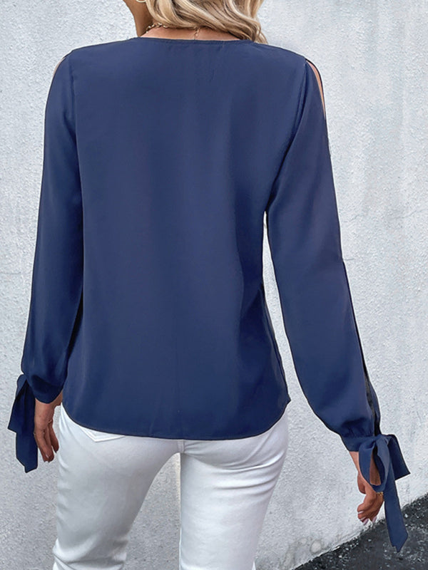 Blue Zone Planet |  Anne's V-neck long sleeve cut out solid color shirt BLUE ZONE PLANET