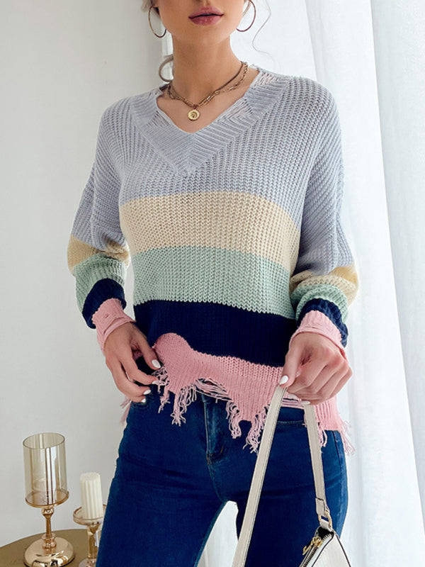 Blue Zone Planet | Casual women's long-sleeved worn-out knitted bottoming v-neck sweater-TOPS / DRESSES-[Adult]-[Female]-Clear blue-S-2022 Online Blue Zone Planet