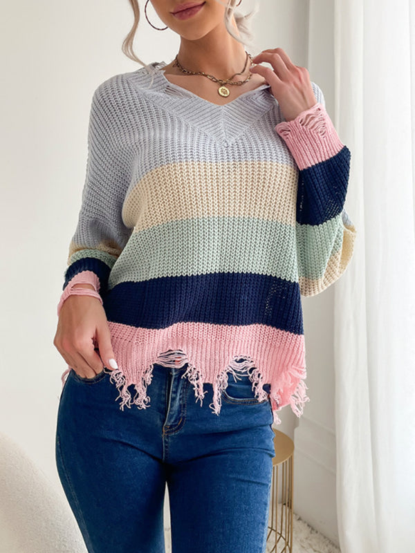 Blue Zone Planet | Casual women's long-sleeved worn-out knitted bottoming v-neck sweater-TOPS / DRESSES-[Adult]-[Female]-2022 Online Blue Zone Planet