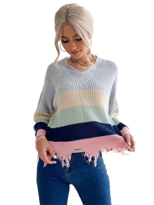 Blue Zone Planet | Casual women's long-sleeved worn-out knitted bottoming v-neck sweater-TOPS / DRESSES-[Adult]-[Female]-2022 Online Blue Zone Planet