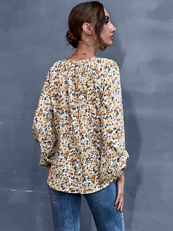 Blue Zone Planet | holiday loose v-neck long-sleeved floral shirt BLUE ZONE PLANET