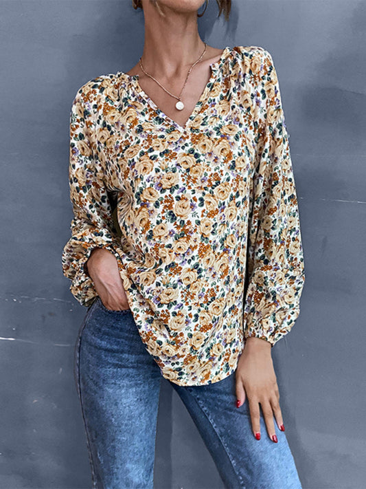 Blue Zone Planet | holiday loose v-neck long-sleeved floral shirt BLUE ZONE PLANET
