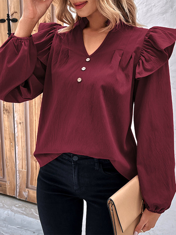 Blue Zone Planet |  Red V-neck Long Sleeve Solid Color Shirt Top BLUE ZONE PLANET