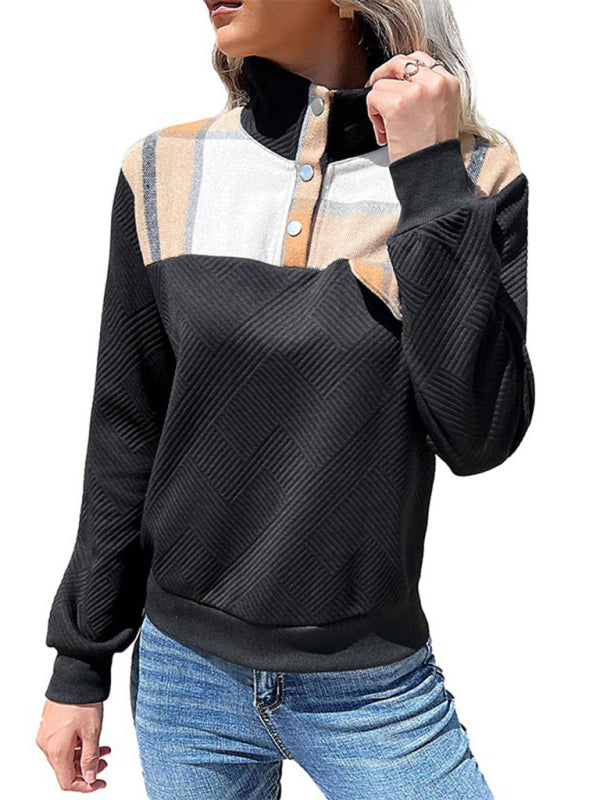 Fashion women's color-block check pattern stitching sweater-[Adult]-[Female]-2022 Online Blue Zone Planet