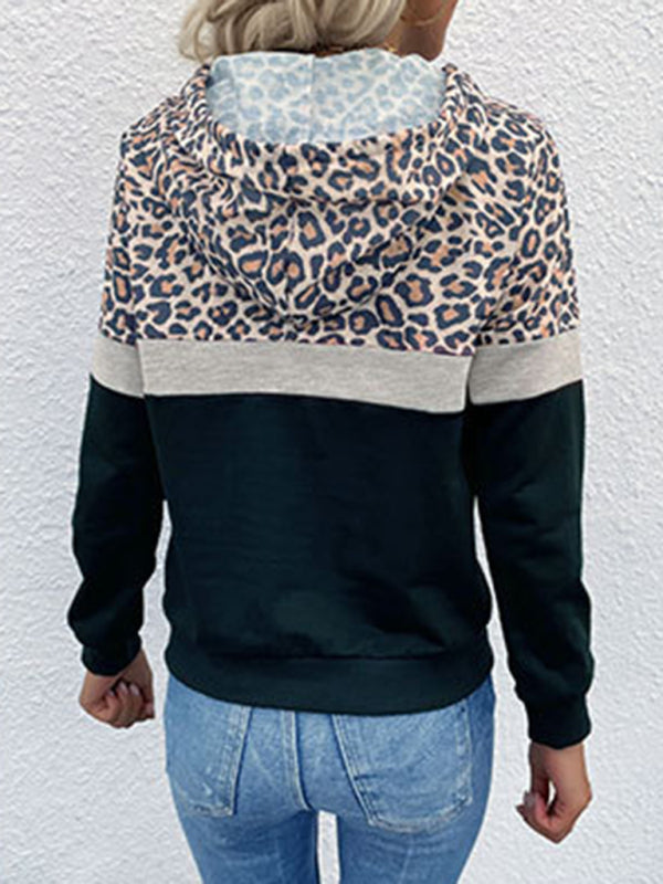 Blue Zone Planet |  Hooded Pocket Drawstring Paneled Leopard Sweatshirt BLUE ZONE PLANET