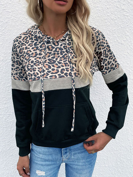 Blue Zone Planet |  Hooded Pocket Drawstring Paneled Leopard Sweatshirt BLUE ZONE PLANET