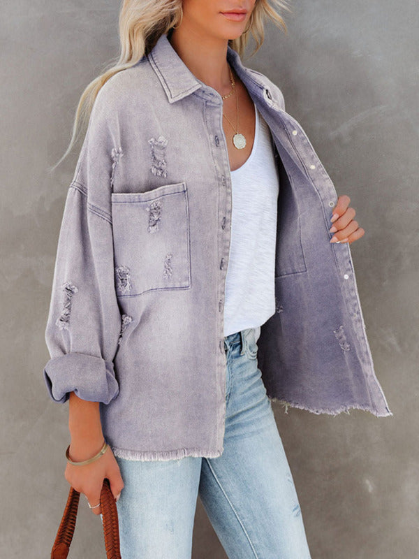Blue Zone Planet | Coat mid-length style ripped loose denim shirt jacket BLUE ZONE PLANET