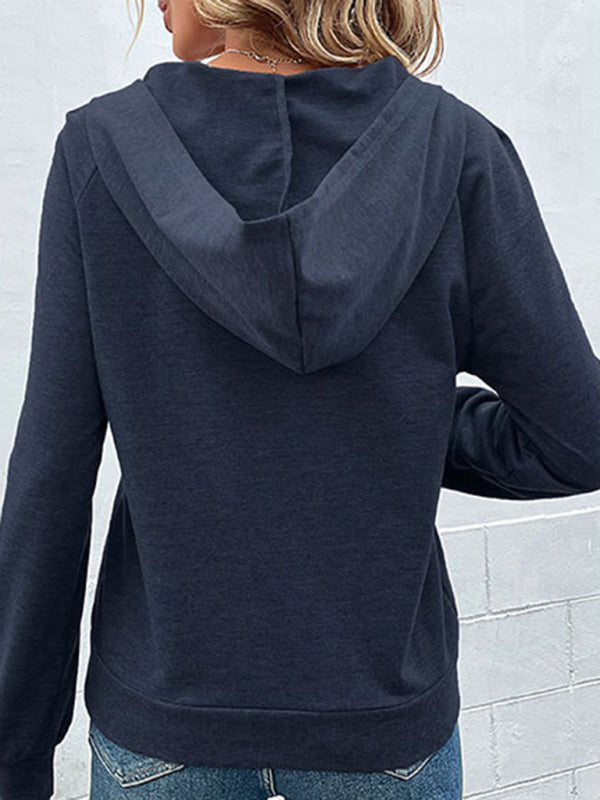 Blue Zone Planet |  long-sleeved hooded open button collar solid color sweater BLUE ZONE PLANET