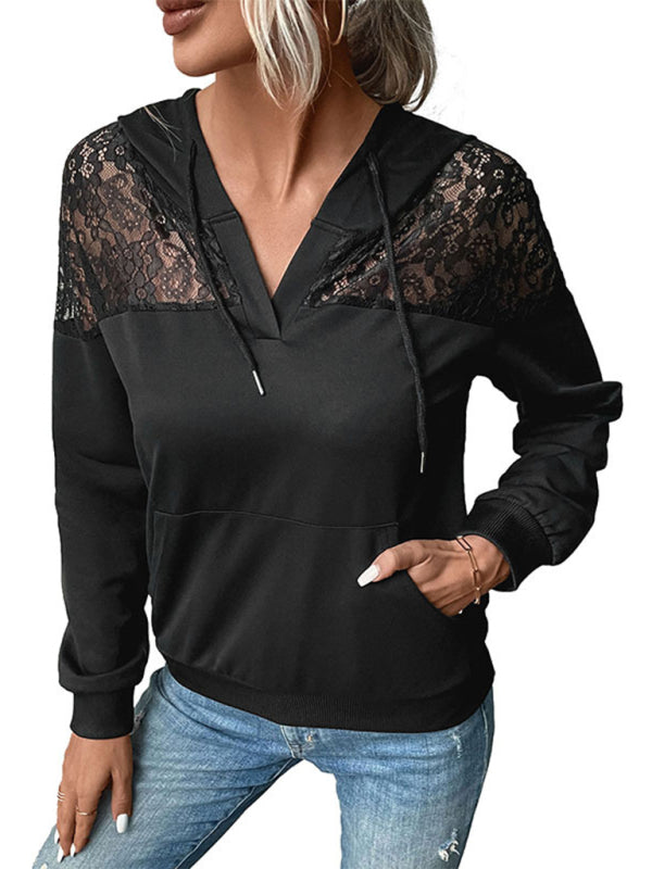 New long-sleeved black lace stitching hooded sweater BLUE ZONE PLANET