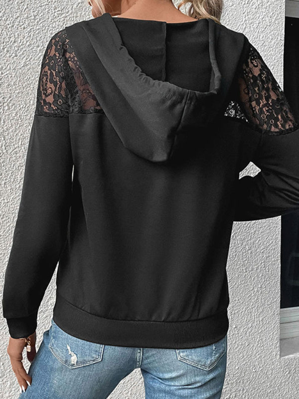 New long-sleeved black lace stitching hooded sweater BLUE ZONE PLANET