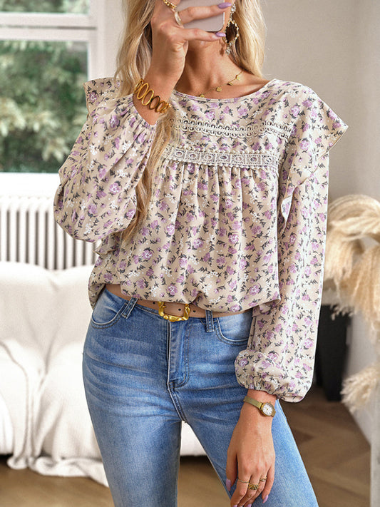 New women's round neck floral long-sleeved top