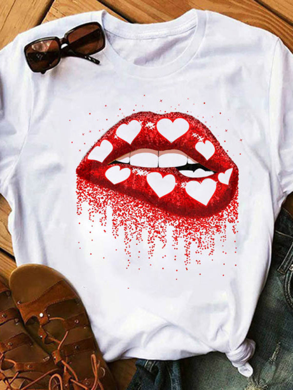 sexy leopard print lips t-shirt round neck short-sleeved T-shirt women's top kakaclo