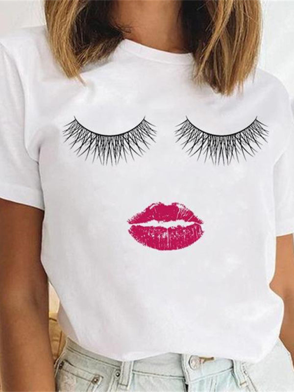 sexy leopard print lips t-shirt round neck short-sleeved T-shirt women's top kakaclo