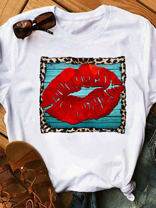 sexy leopard print lips t-shirt round neck short-sleeved T-shirt women's top kakaclo