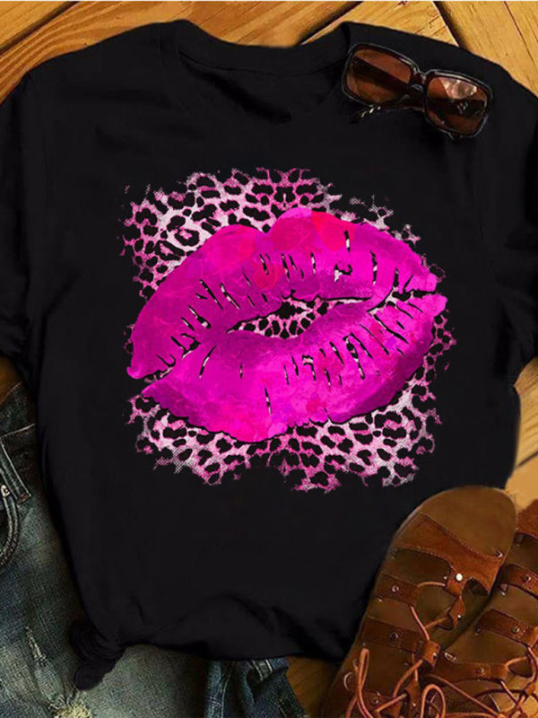 sexy leopard print lips t-shirt round neck short-sleeved T-shirt women's top kakaclo