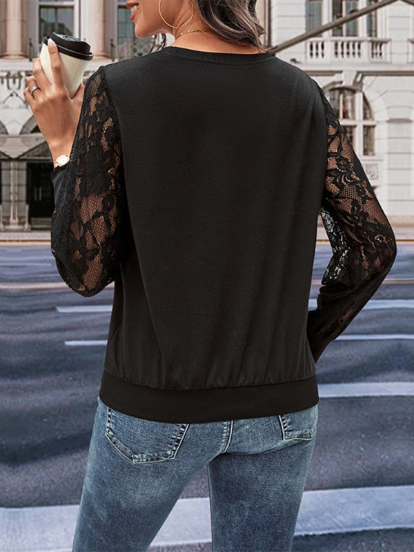 Blue Zone Planet | lace stitching black long-sleeved sweater top BLUE ZONE PLANET
