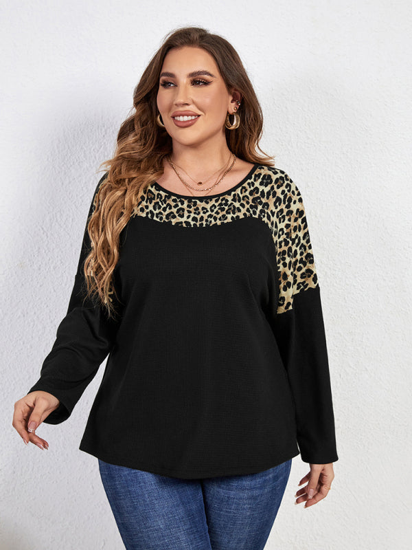 New Fashion Temperament Leopard Print Long Sleeve Round Neck Plus Size Top-[Adult]-[Female]-2022 Online Blue Zone Planet