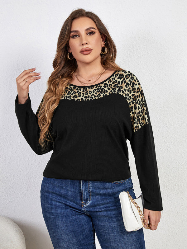 New Fashion Temperament Leopard Print Long Sleeve Round Neck Plus Size Top-[Adult]-[Female]-2022 Online Blue Zone Planet