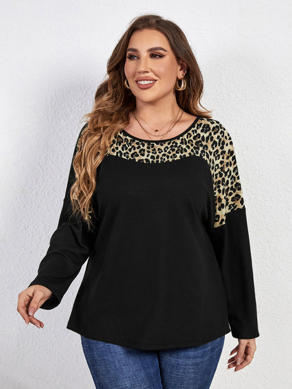 New Fashion Temperament Leopard Print Long Sleeve Round Neck Plus Size Top-[Adult]-[Female]-2022 Online Blue Zone Planet