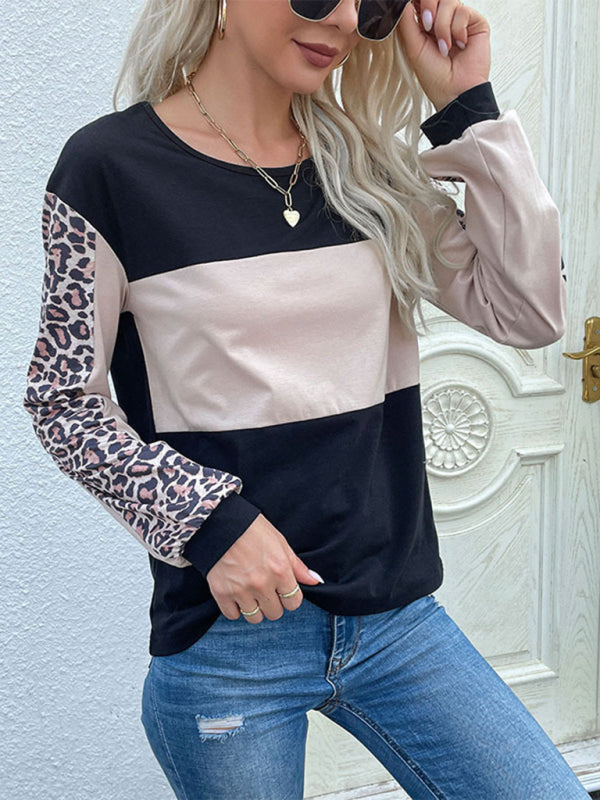 Blue Zone Planet |  Loose Top Leopard Stitching Long Sleeve T-Shirt BLUE ZONE PLANET