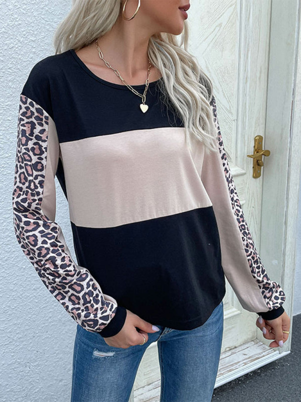 Blue Zone Planet |  Loose Top Leopard Stitching Long Sleeve T-Shirt BLUE ZONE PLANET