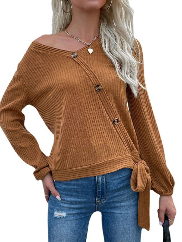 Women's casual solid color button-decorated bottoming knitted sweater-[Adult]-[Female]-2022 Online Blue Zone Planet