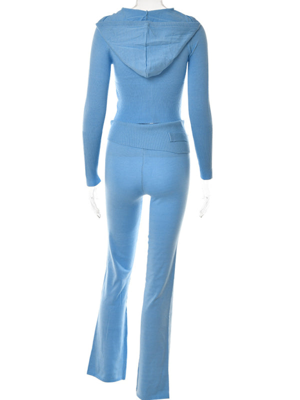 Blue Zone Planet |  Knitted hooded set long sleeved pants two-piece set BLUE ZONE PLANET