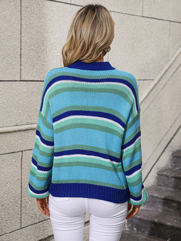 Paneled Knit Loose Intercolor Crewneck Striped Sweater-[Adult]-[Female]-2022 Online Blue Zone Planet