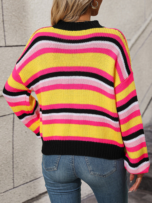 Paneled Knit Loose Intercolor Crewneck Striped Sweater-[Adult]-[Female]-2022 Online Blue Zone Planet