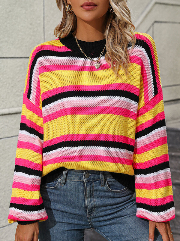 Paneled Knit Loose Intercolor Crewneck Striped Sweater-[Adult]-[Female]-Orange-S-2022 Online Blue Zone Planet